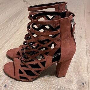 Guess Heels Cage Strappy‎ Block Heel Zipper Closure Rust Pink Size 10M